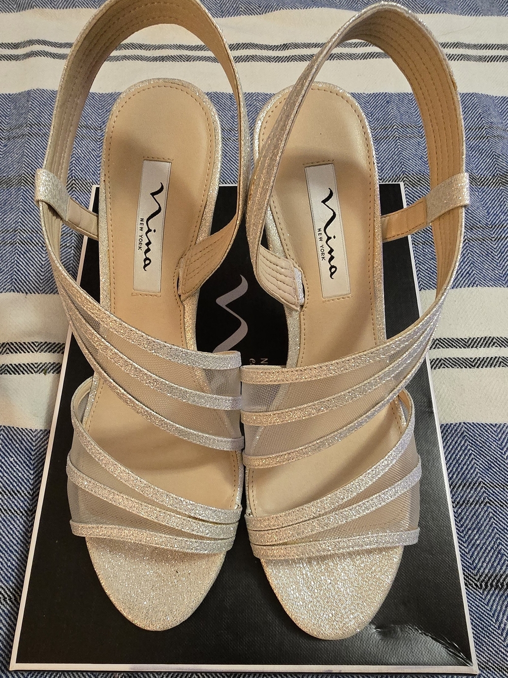 Nina Silver Glitter Multi-Strap Slingback Heels